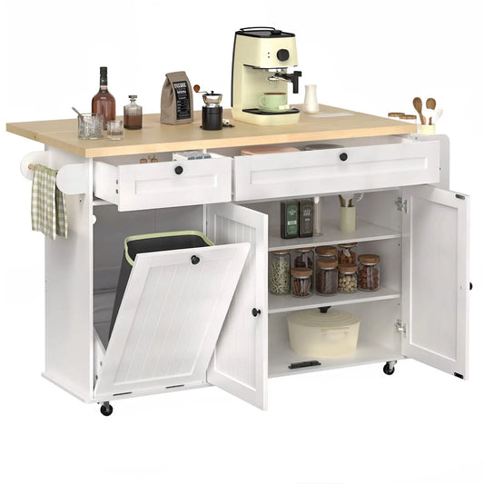 Onbrill Wood Mobile Kitchen Island With Power Outlet Rack