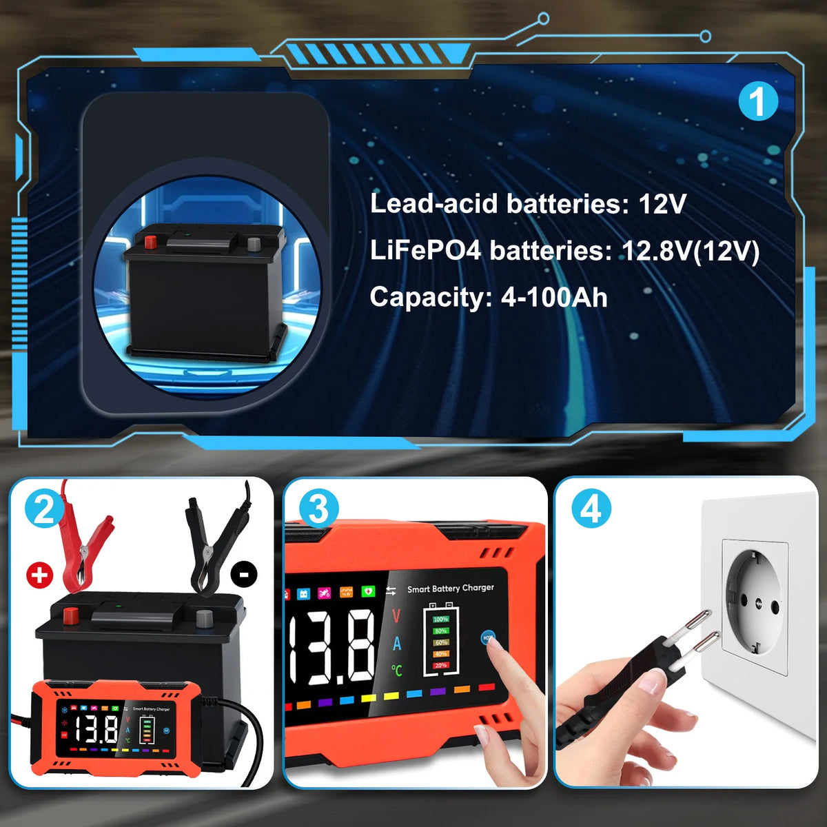 DreamDash 12V 6A Automatic Car Battery Charger Smart LED Display