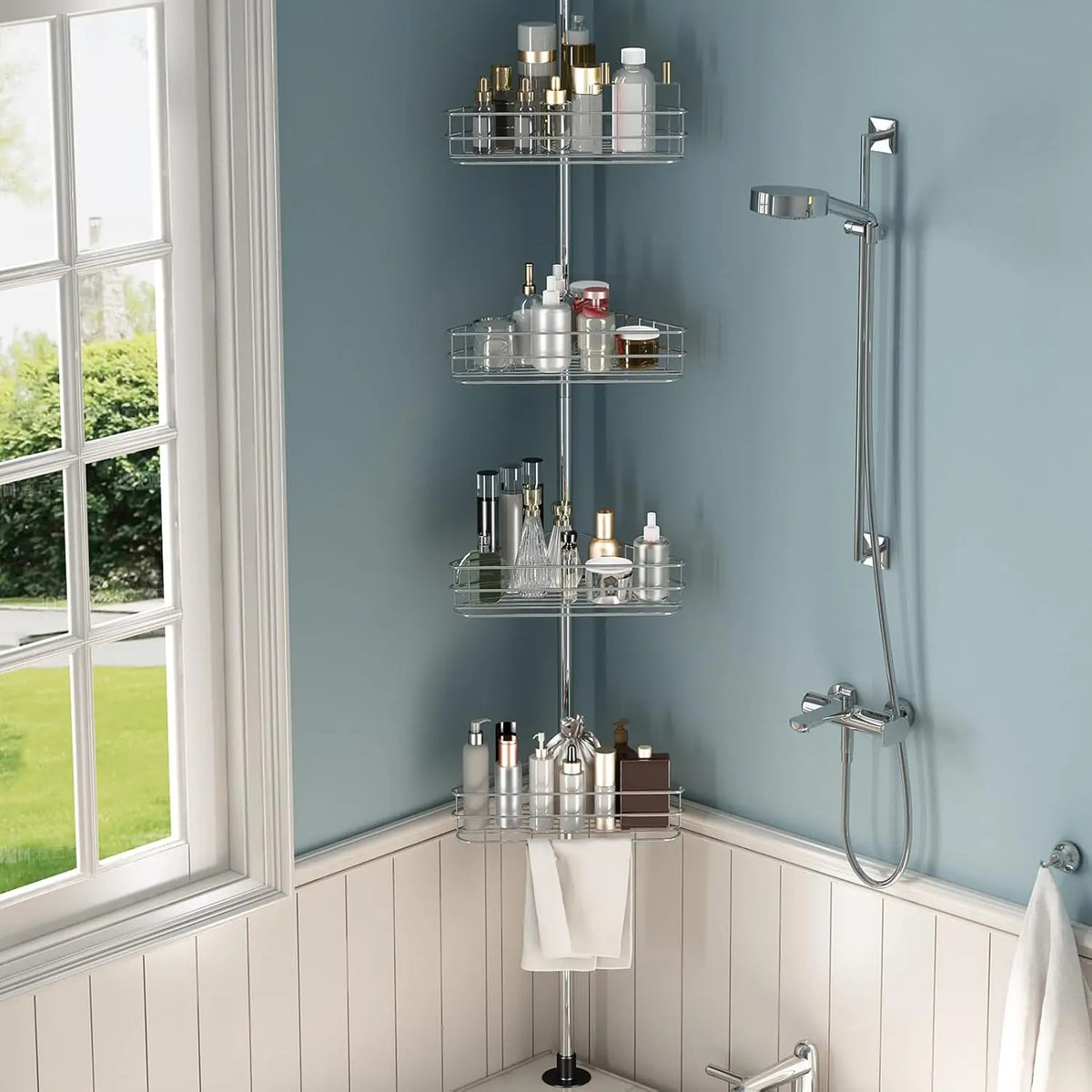 Four Layer Stainless Steel Bathroom Corner Shower Tension Pole Rack