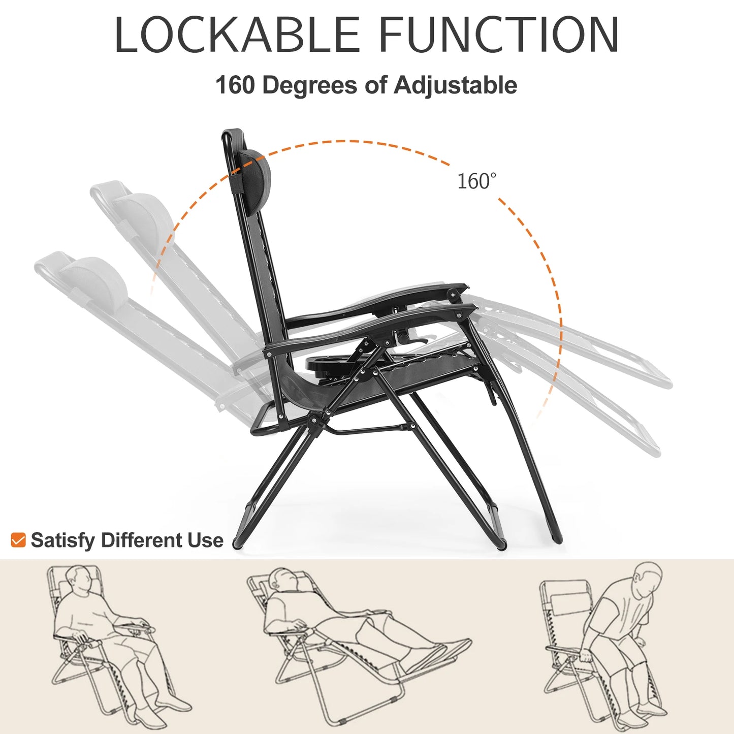 JHK Zero Gravity Portable Recliner Outdoor Lounge Chair Cup Holder