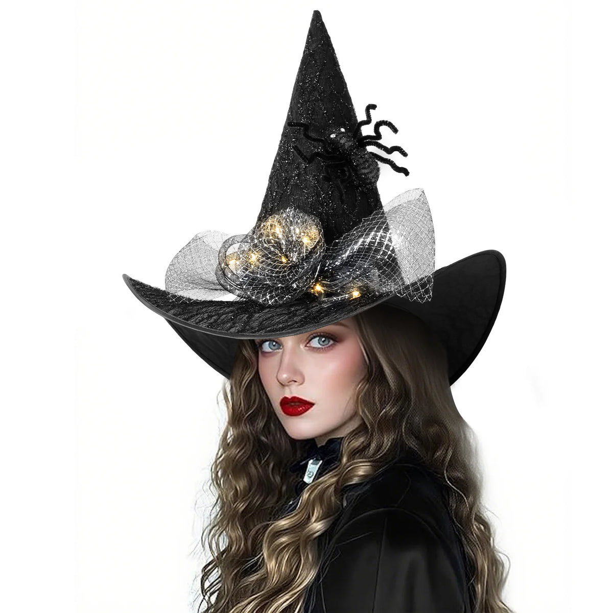 Womens Halloween Witch Hat with Lace Feather and LED Decor