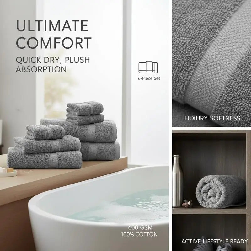 Premium 6 Piece Cotton Towel Set Highly Absorbent Quick Dry