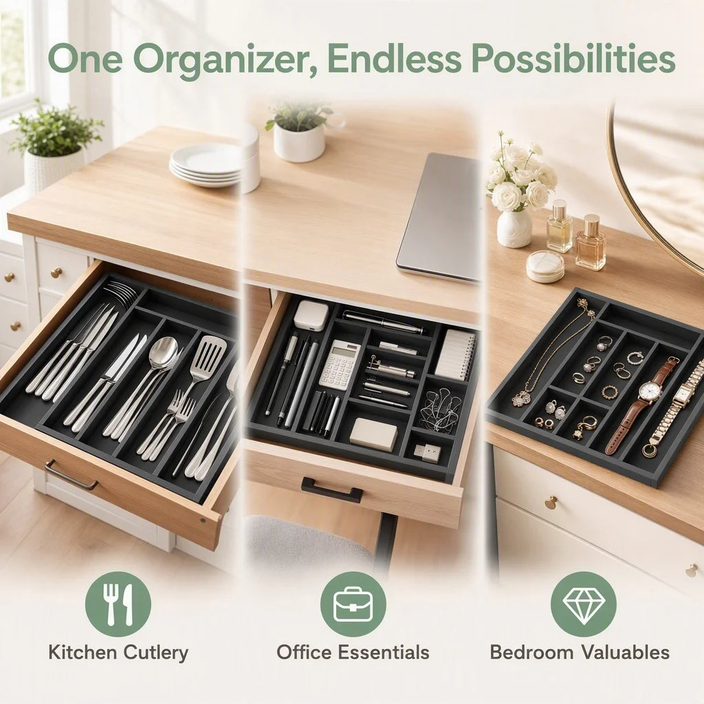 Expandable Bamboo Drawer Organizer For Kitchen Utensils And Silverware Storage