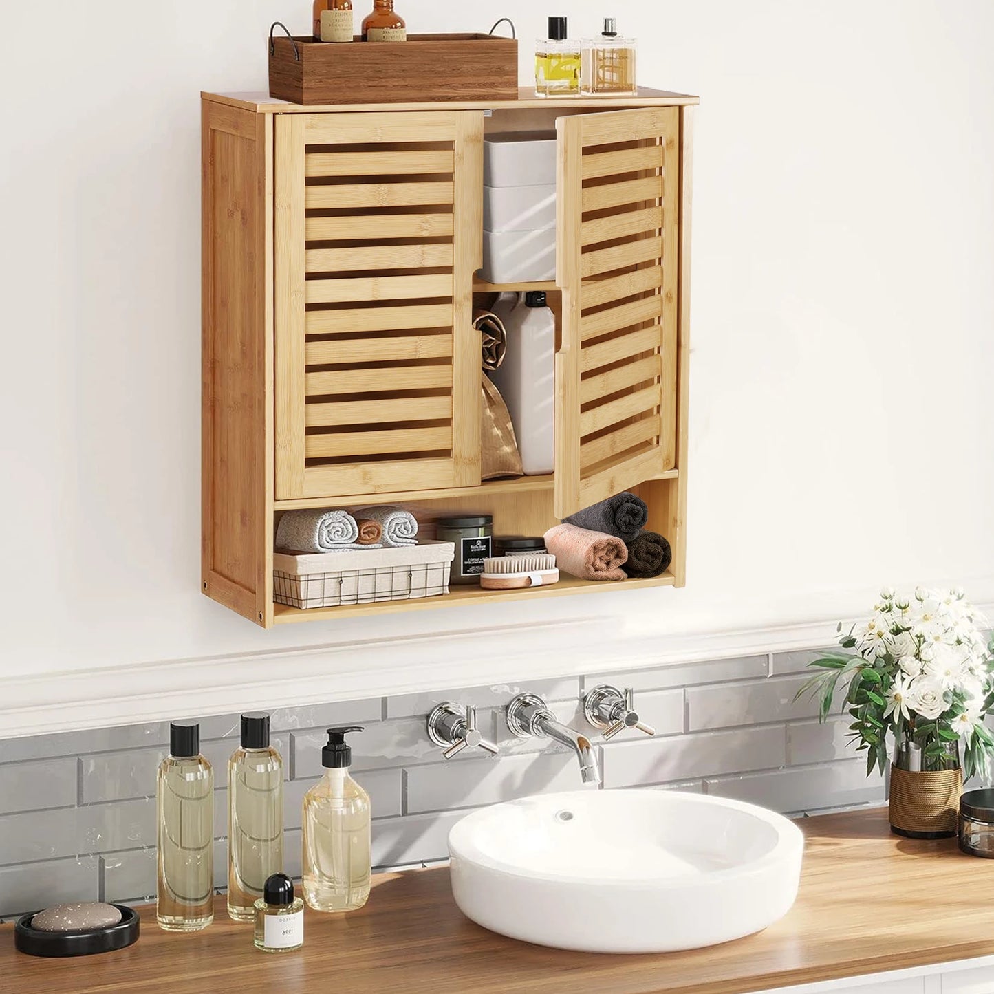Wisfor Wall Mounted Bamboo Bathroom Cabinet Organizer Shelf