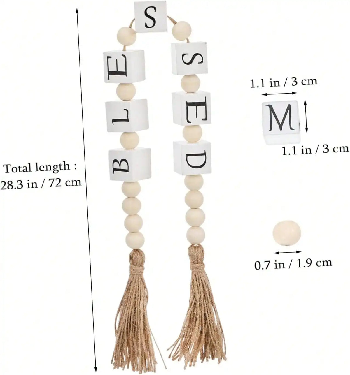 Wood Letter Block Bead Garland With Tassels For Farmhouse Decor