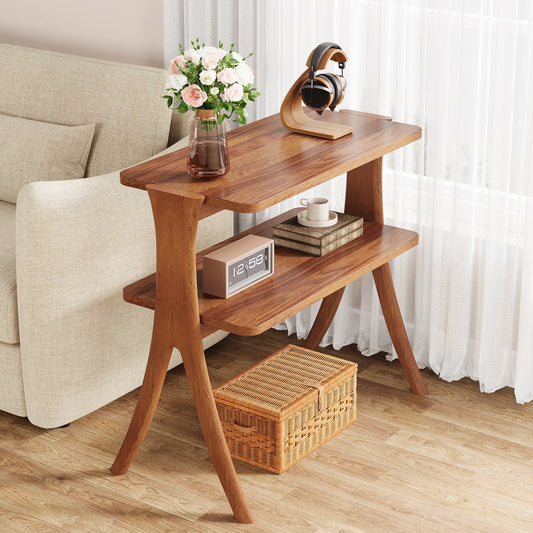 Tribesigns Walnut Side Table With 2-Tier Storage And Wood Legs