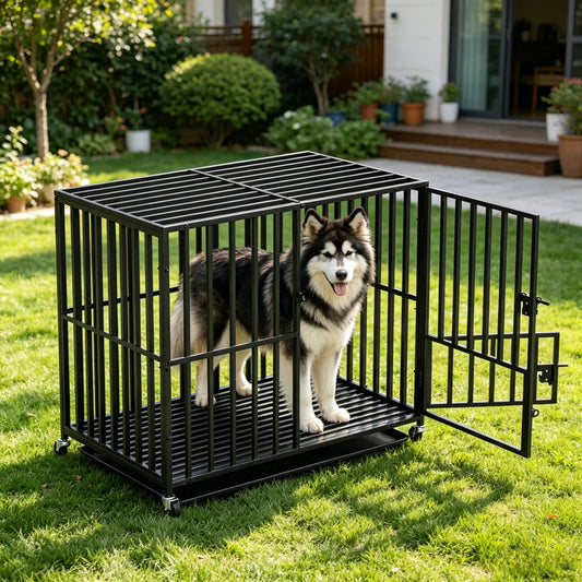 Bingopaw Heavy Duty Metal Dog Crate With Lockable Wheels Tray