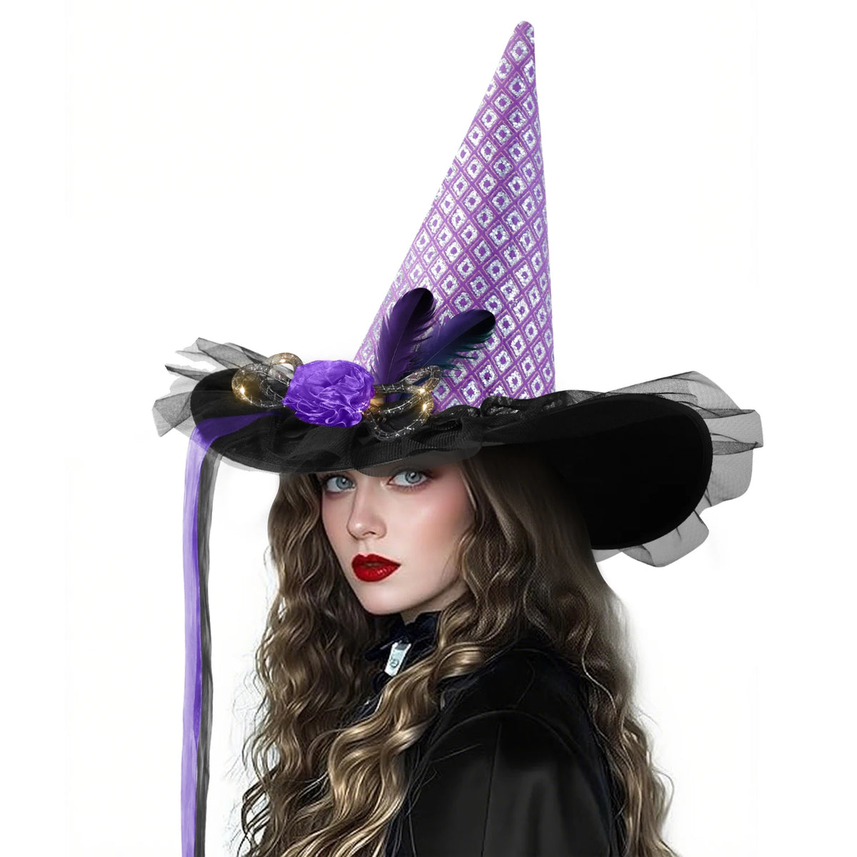 Womens Halloween Witch Hat with Lace Feather and LED Decor