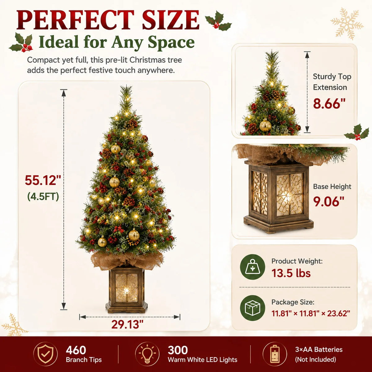 Prelit Christmas Tree With LED Lights And Antique Urn Base