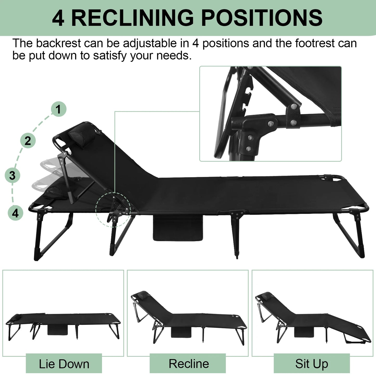 Portable Folding Camping Cot With Adjustable Reclining Lounge Chair Pillow