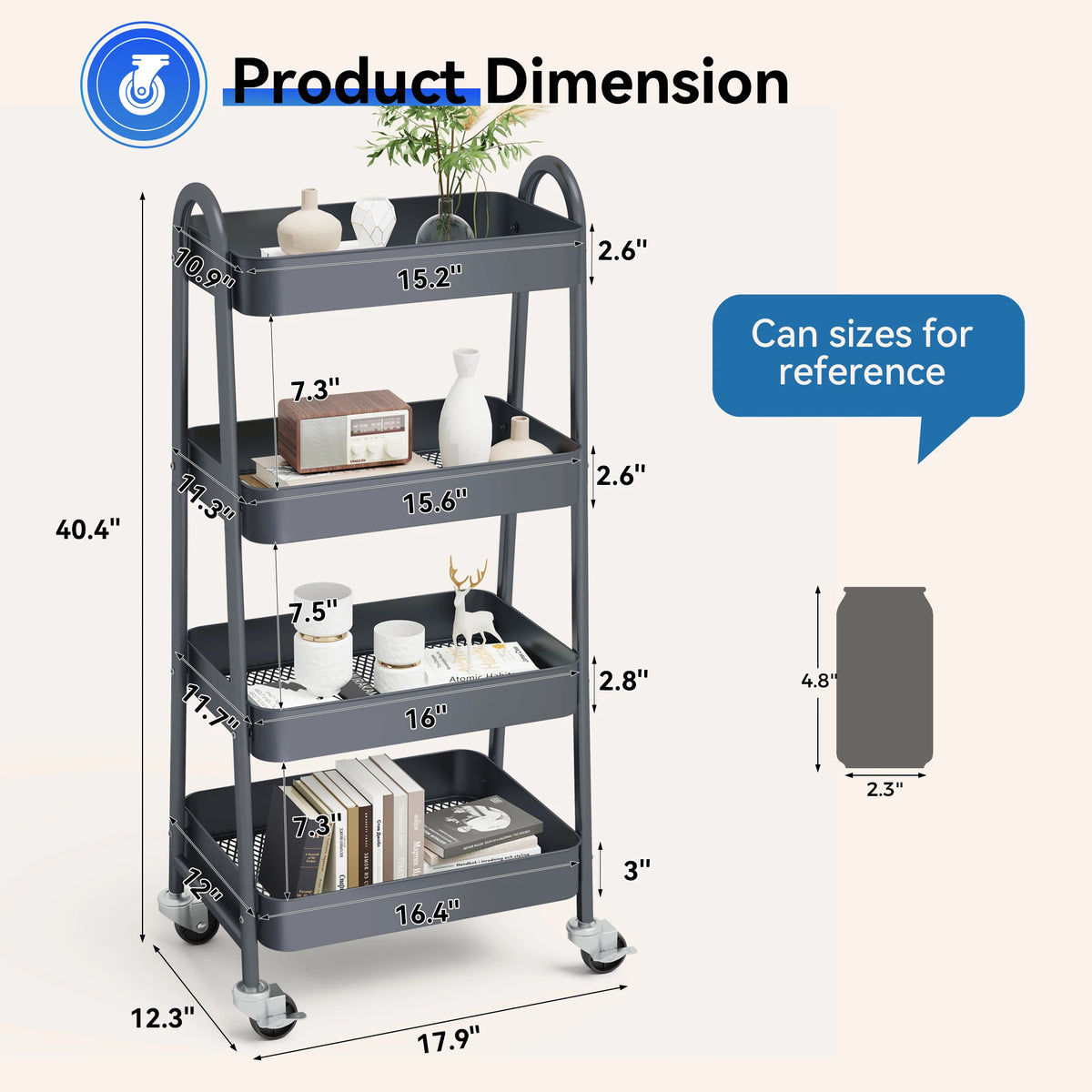 JHK Four Tier Rolling Storage Cart With Lockable Wheels For Home