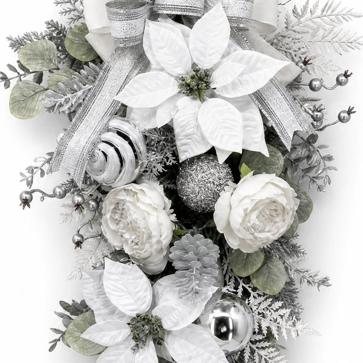 HiMISS Frosted Pine Christmas Teardrop Swag With Roses And Poinsettia