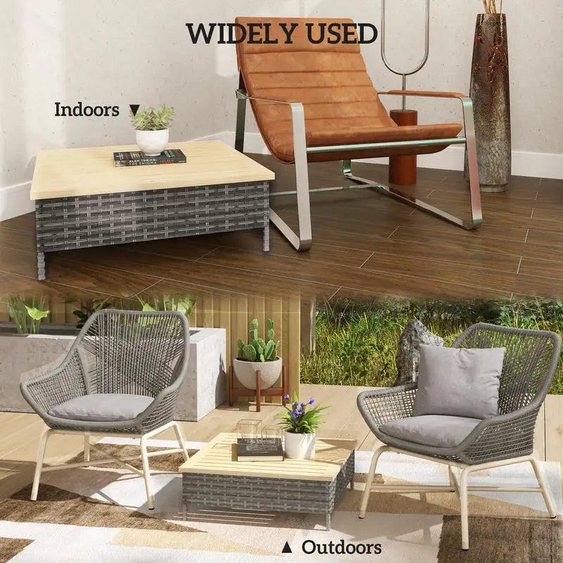 Outdoor PE Rattan Side Table With Natural Fir Wood Top Weather Resistant
