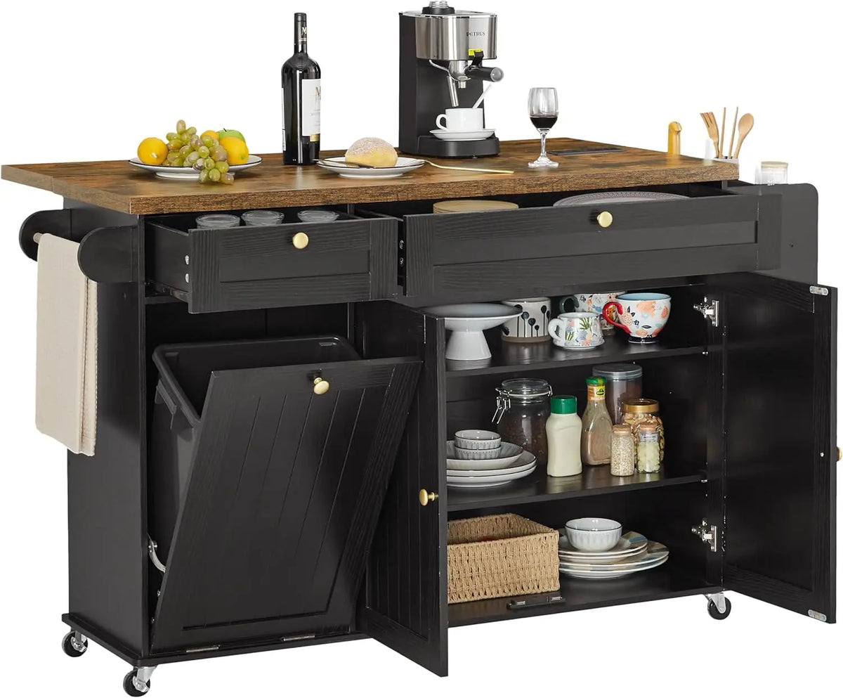 Onbrill Wood Mobile Kitchen Island With Power Outlet Rack