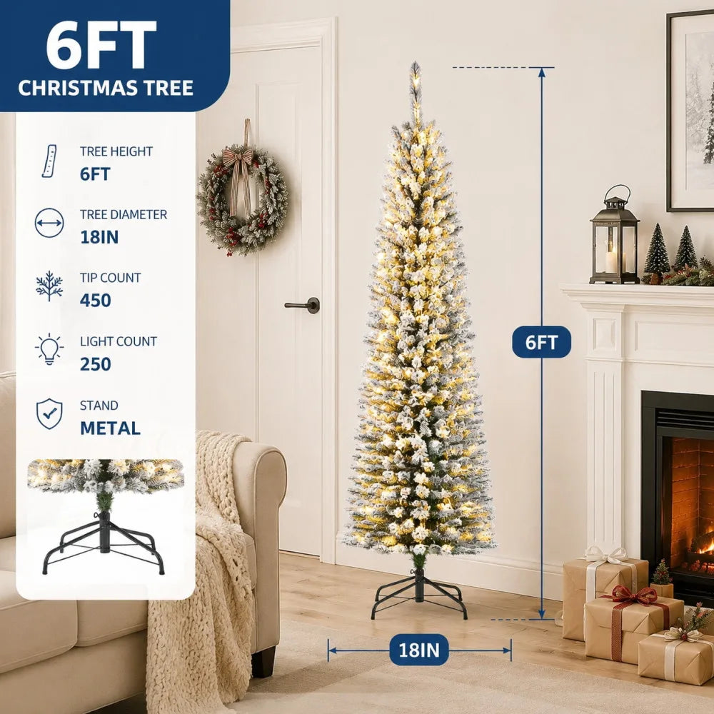 Snow Flocked Slim Prelit Christmas Tree With Warm Lights