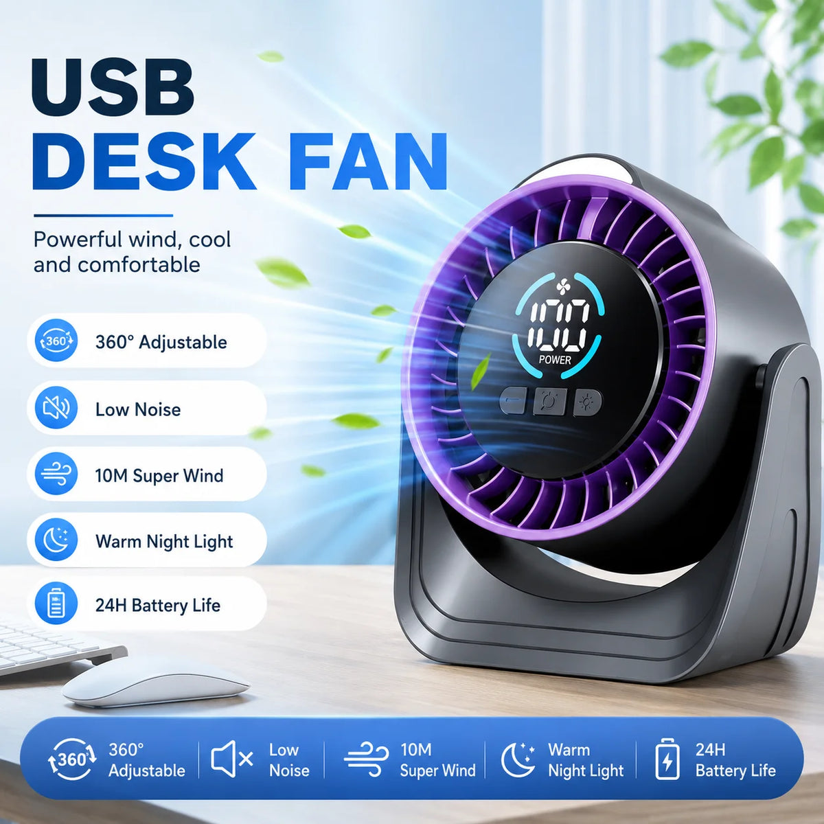 USB Circulation Fan With Natural Wind And Night Light