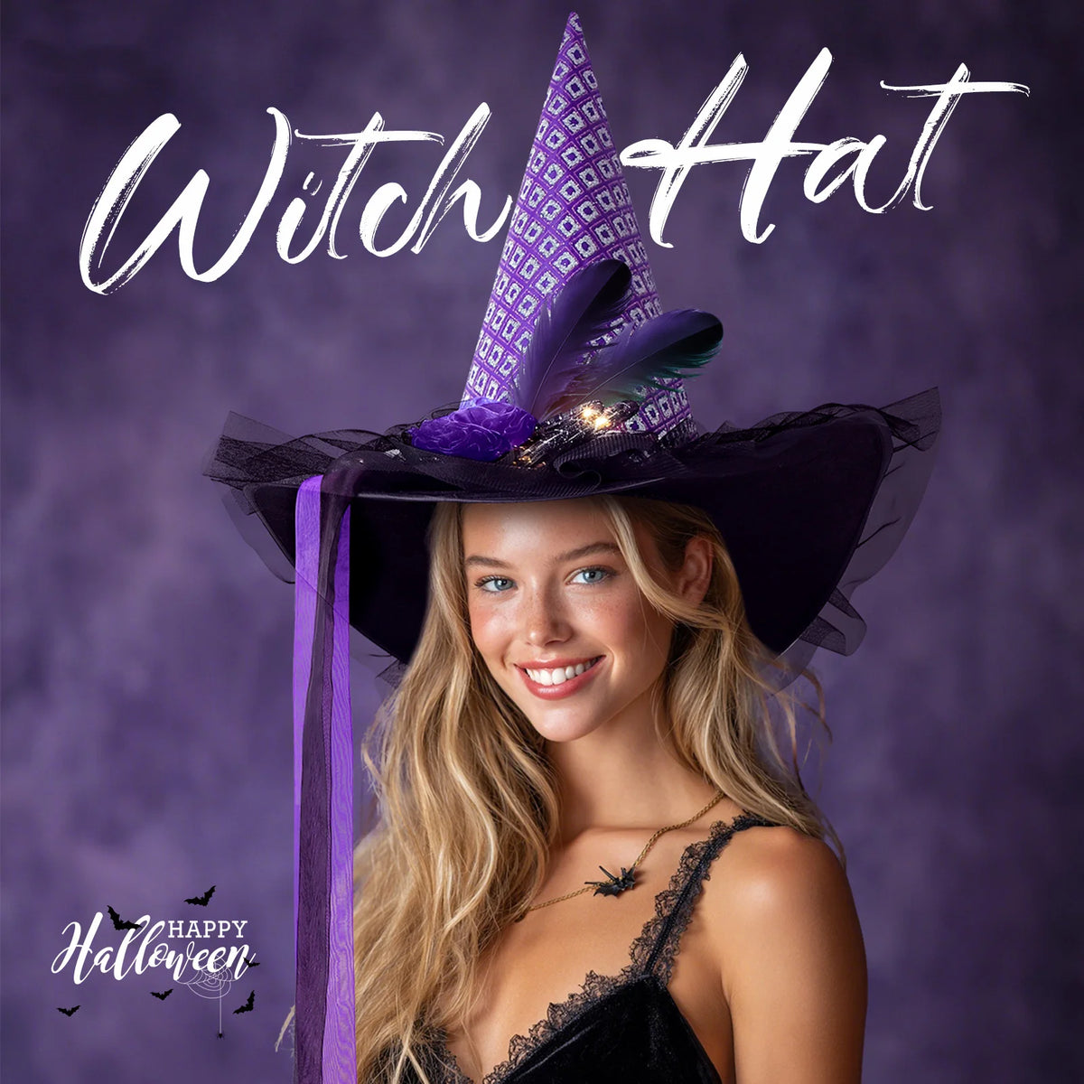 Womens Halloween Witch Hat with Lace Feather and LED Decor