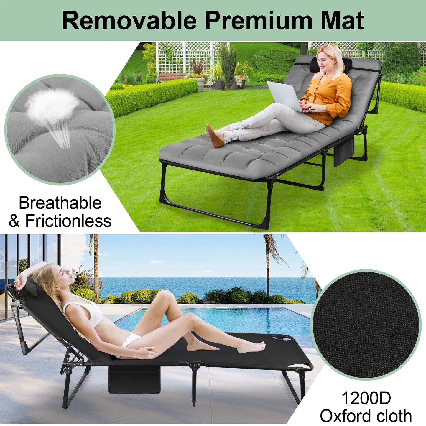 Portable Folding Camping Cot With Adjustable Reclining Lounge Chair Pillow