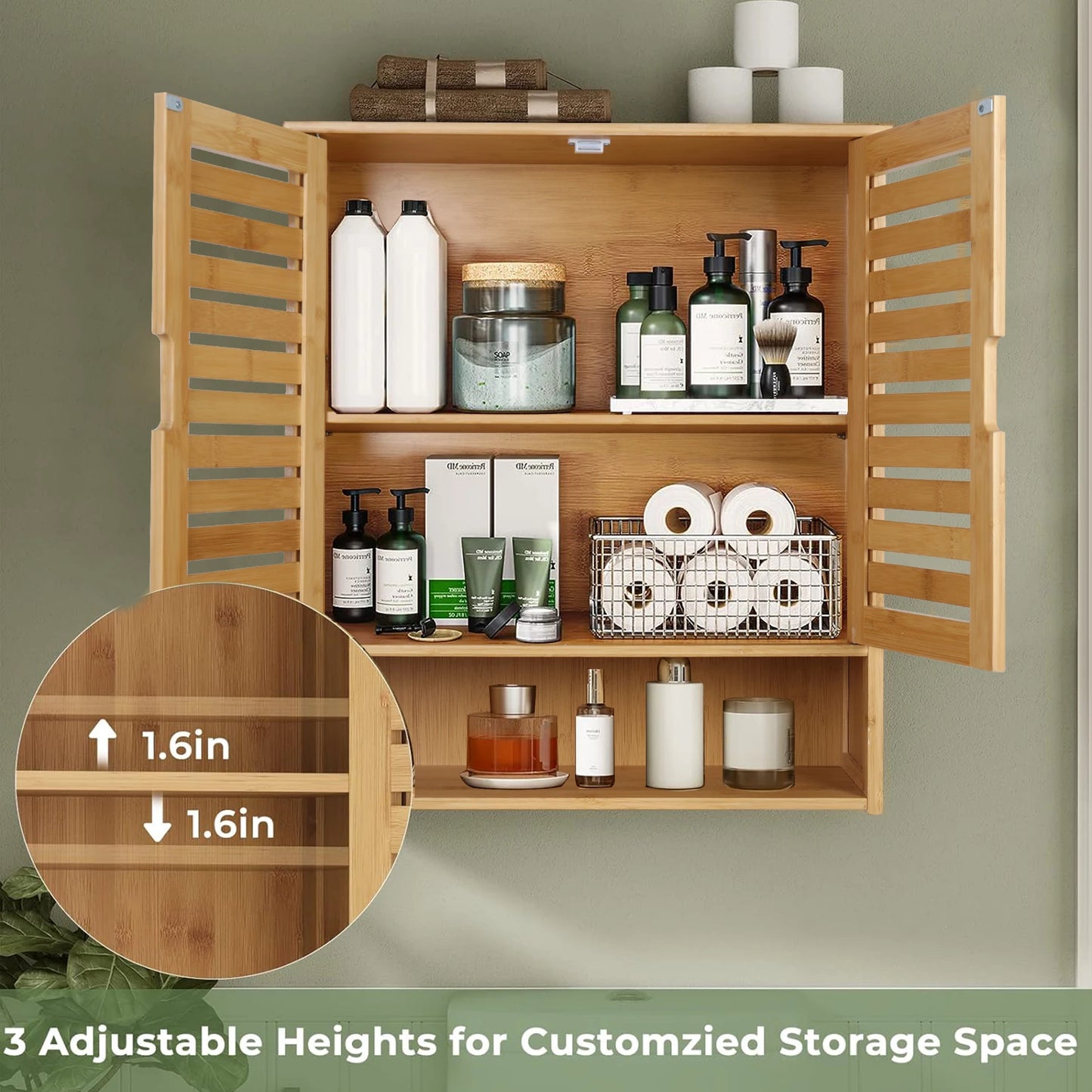 Wisfor Wall Mounted Bamboo Bathroom Cabinet Organizer Shelf
