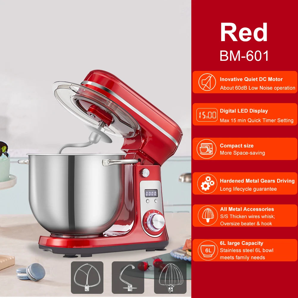 BioloMix Quiet Motor Tilt Head Stand Mixer Six Speed Control