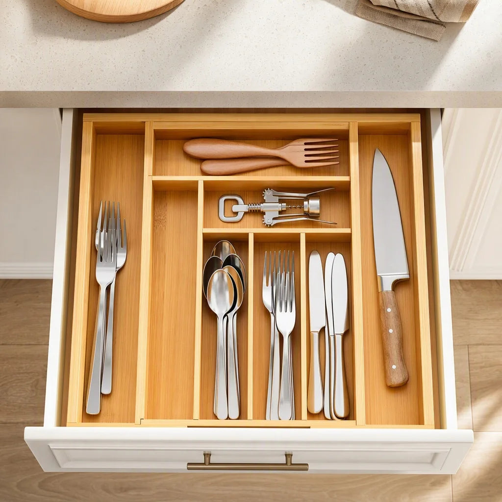 Expandable Bamboo Drawer Organizer For Kitchen Utensils And Silverware Storage