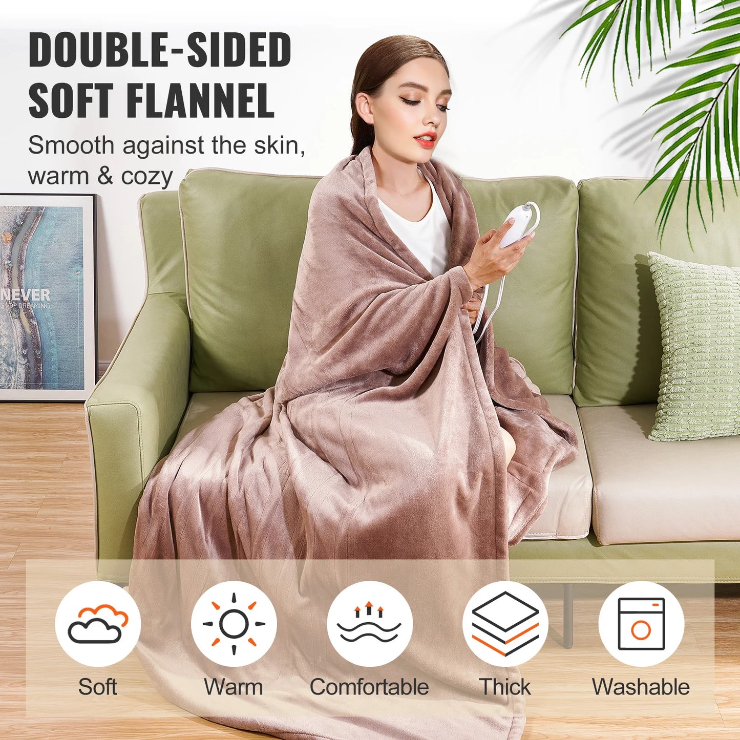 SucceBuy King Size Electric Heated Flannel Blanket With 10 Hour Timer And Auto-off