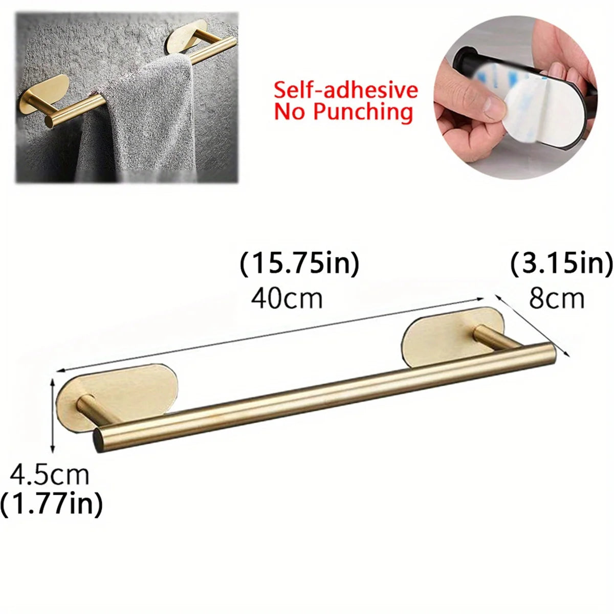 Stainless Steel Adhesive Towel Bar with Hook for Bathroom Kitchen