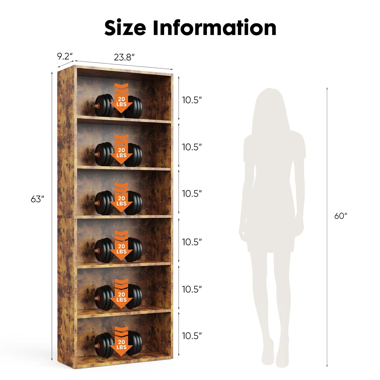 JHK 6-Tier Wooden Bookcase Floor Standing Open Bookshelf