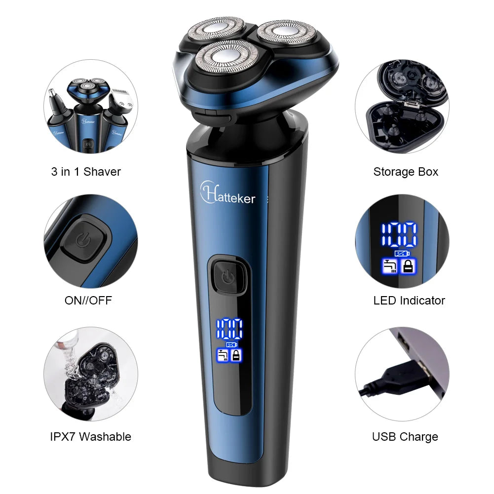 Hatteker 3-In-1 Rechargeable Men's Electric Shaver With Digital Display