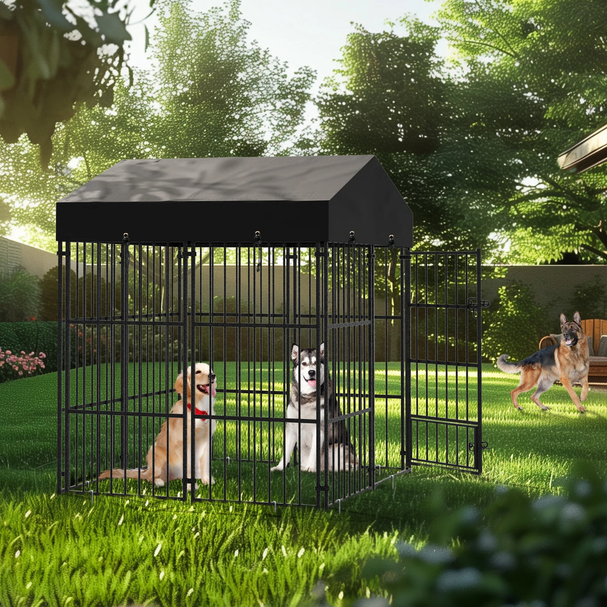 Heavy Duty Outdoor Metal Dog Kennel With Secure Roof Enclosure
