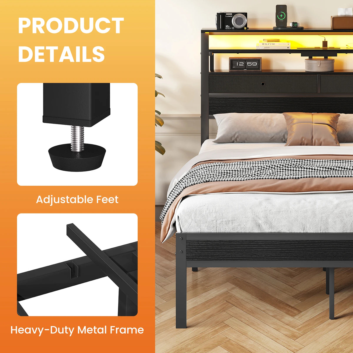 JHK Metal Platform Bed Frame With LED Lights And Storage
