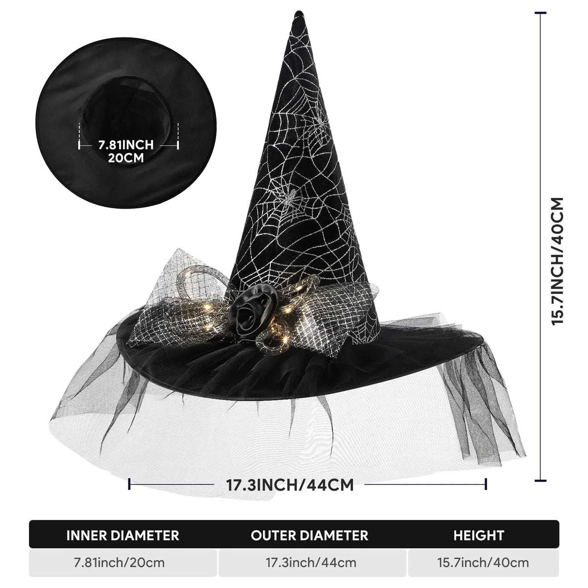Womens Halloween Witch Hat with Lace Feather and LED Decor