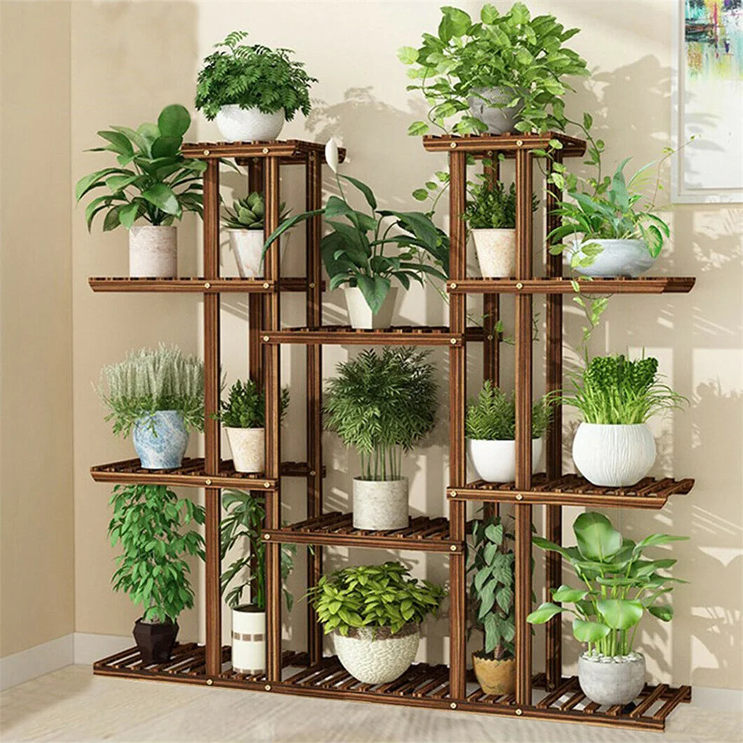 11 Tier Wood Plant Stand Carbonized Display Shelf For Garden