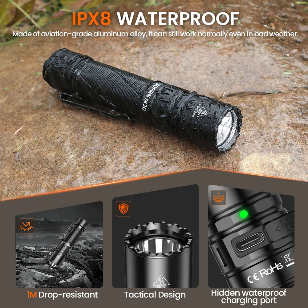 Sofirn SK30 3000 Lumen 6000K Tactical USB C Flashlight Rechargeable