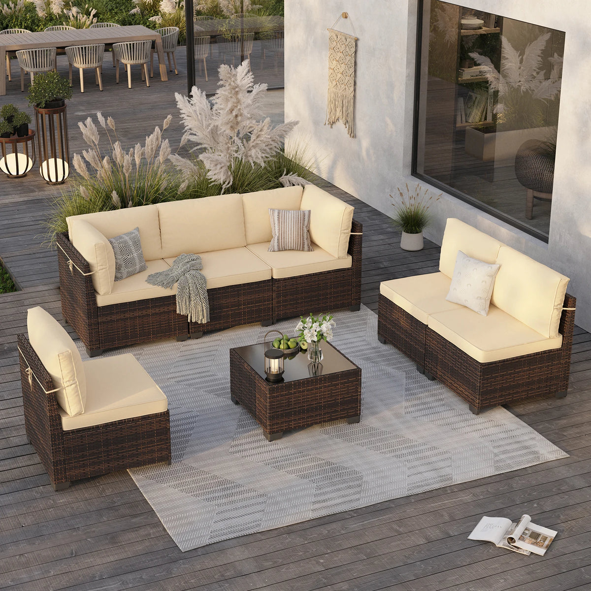 7 Piece Outdoor Rattan Patio Furniture Conversation Set Sectional