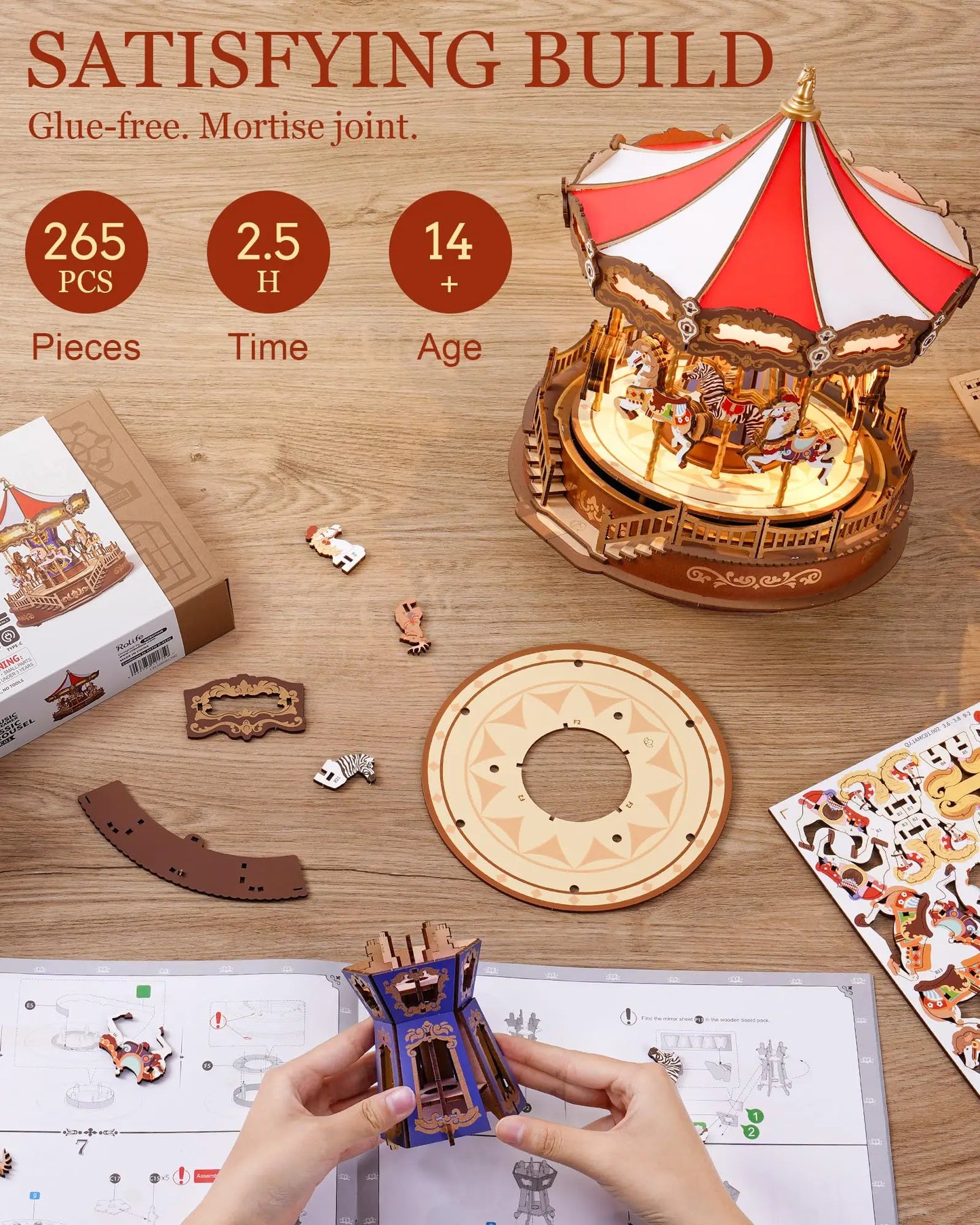 Robotime Rolife Classic Carousel Music Boxes 3D Wooden Puzzle With Lights