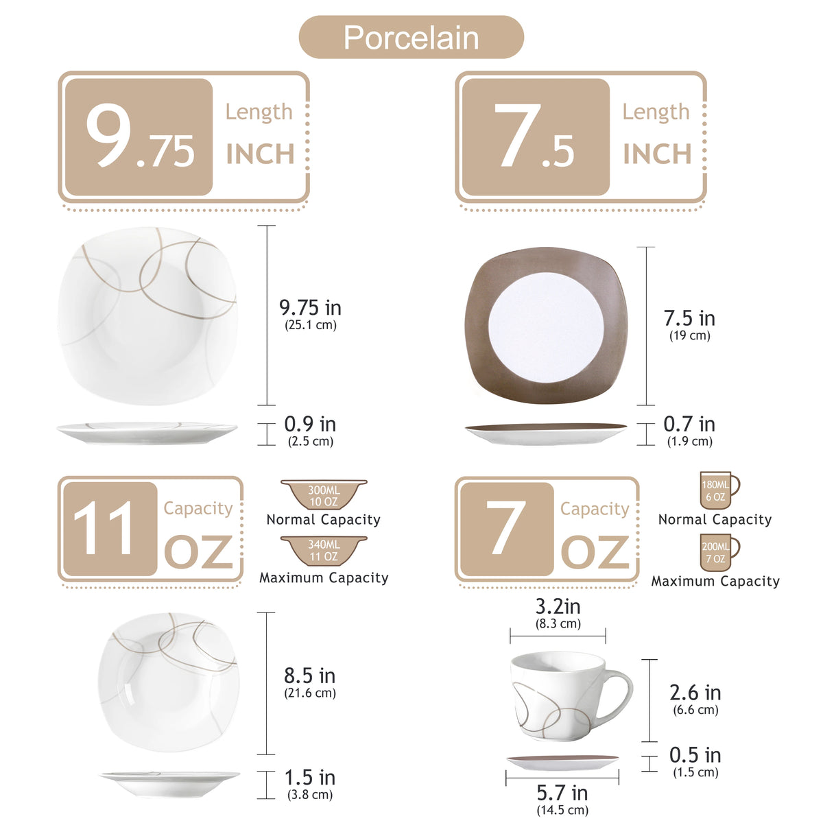MALACASA Porcelain Ceramic Dinner Plate Set With Cups And Saucers