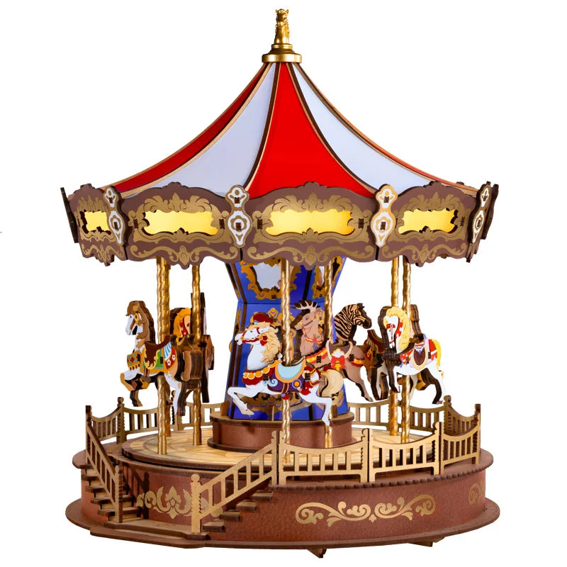 Robotime Rolife Classic Carousel Music Boxes 3D Wooden Puzzle With Lights