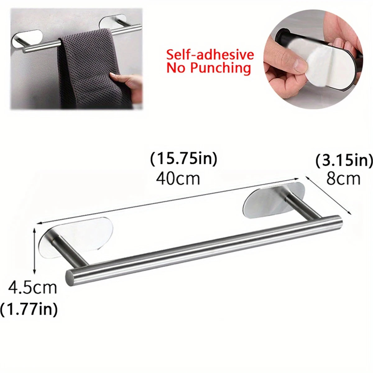 Stainless Steel Adhesive Towel Bar with Hook for Bathroom Kitchen