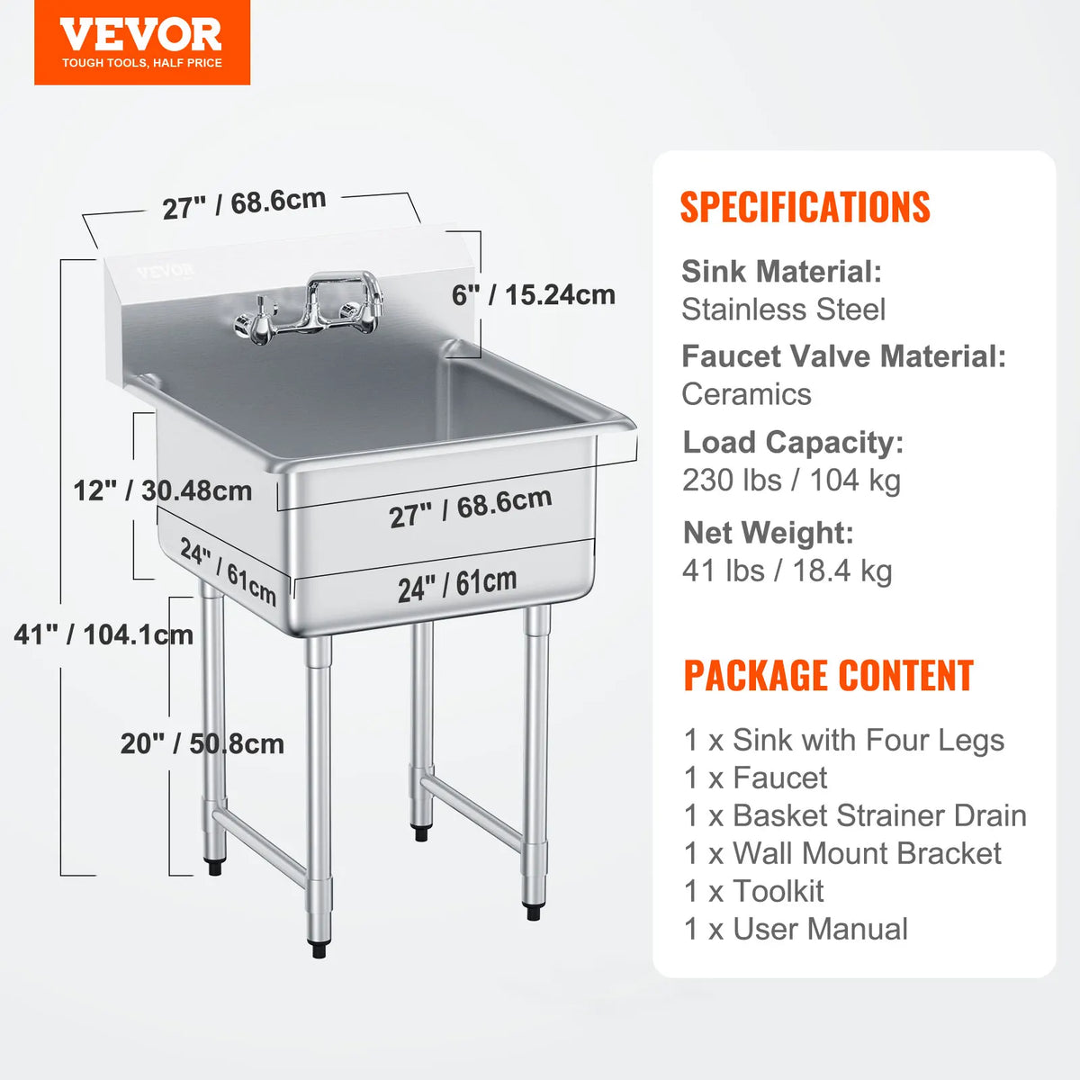 SucceBuy Stainless Steel Single Bowl Commercial Prep Sink With Faucet