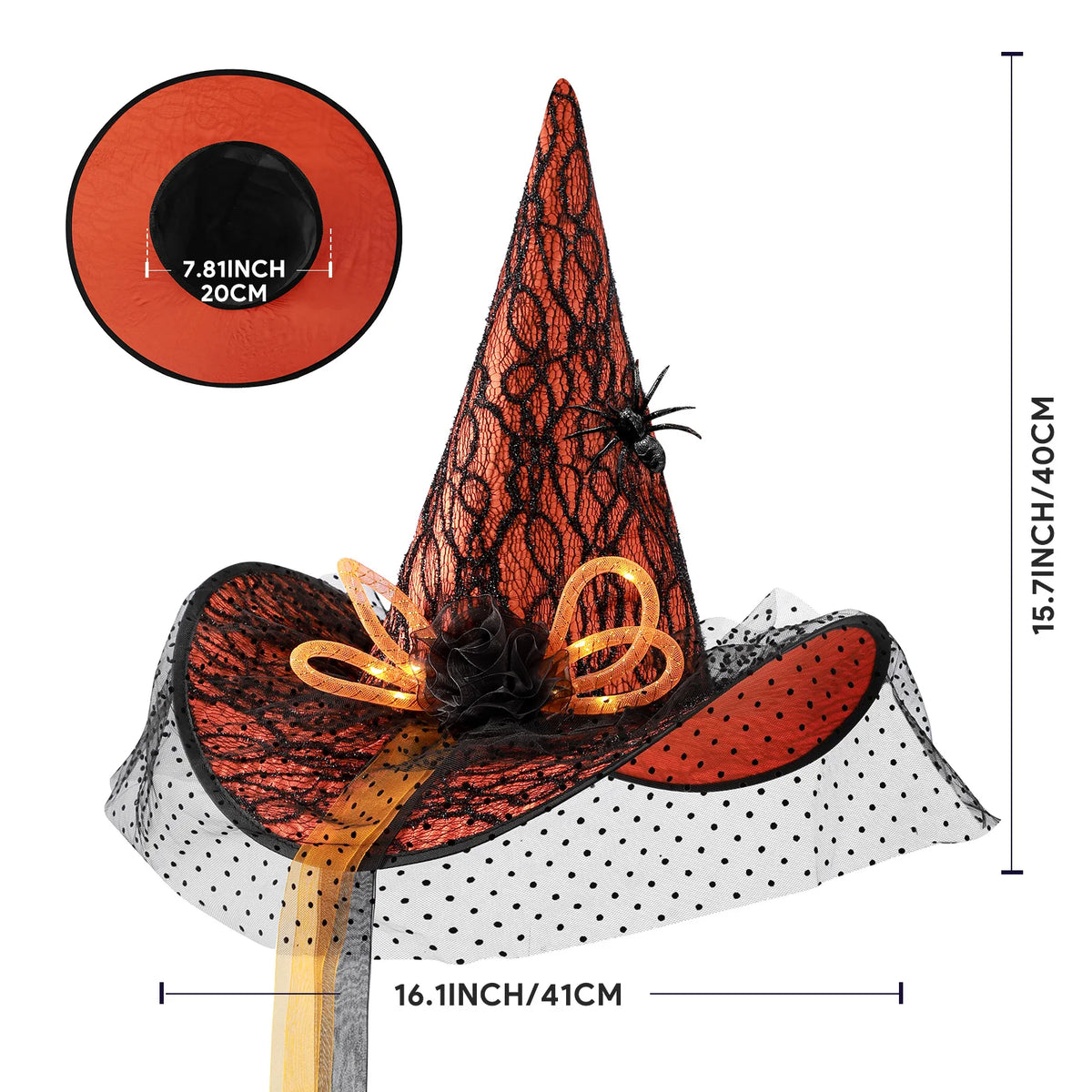 Womens Halloween Witch Hat with Lace Feather and LED Decor
