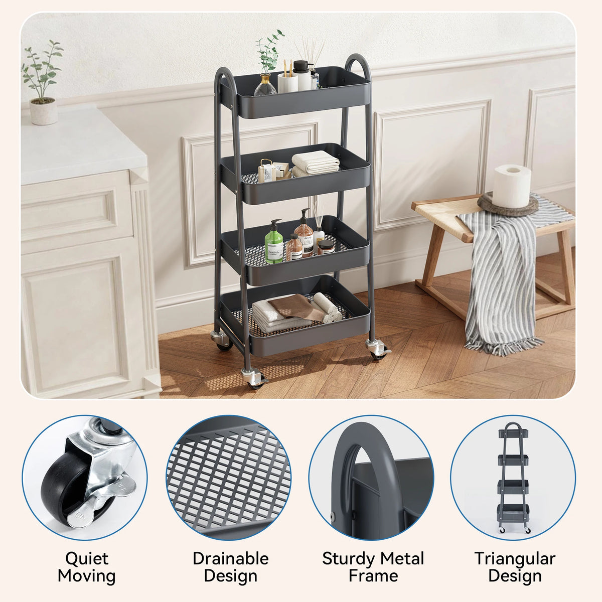 JHK Four Tier Rolling Storage Cart With Lockable Wheels For Home