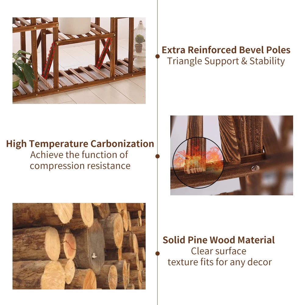 11 Tier Wood Plant Stand Carbonized Display Shelf For Garden