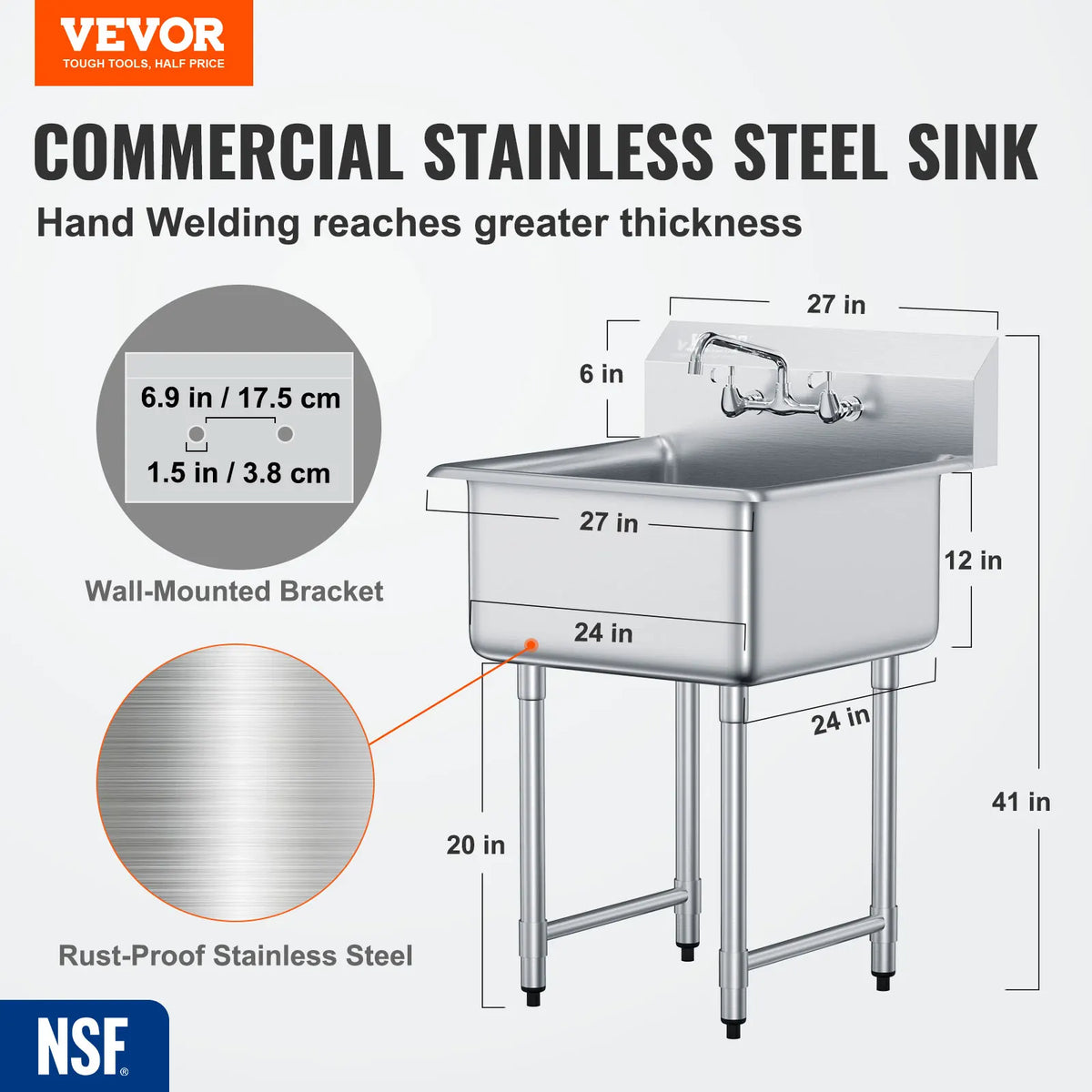 SucceBuy Stainless Steel Single Bowl Commercial Prep Sink With Faucet