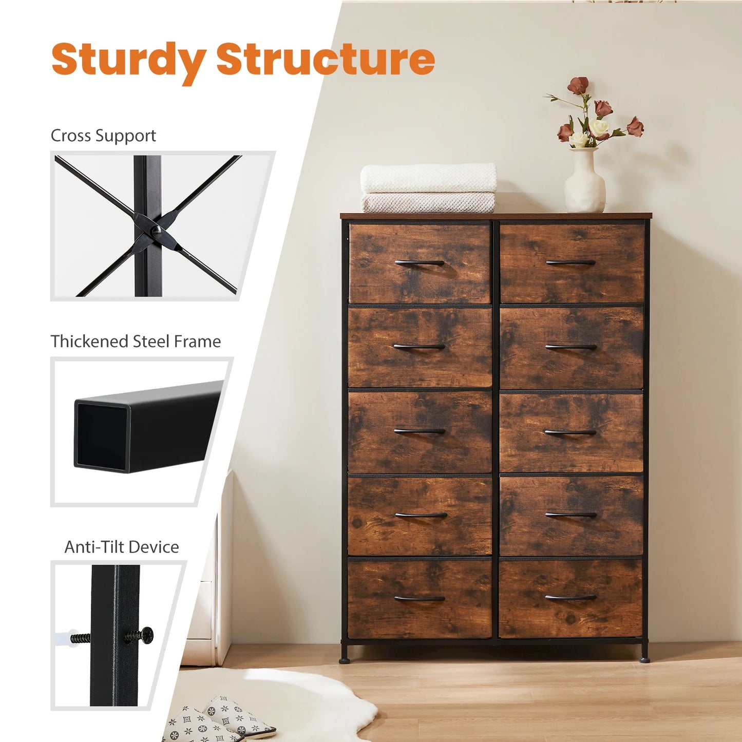 JHK Bedside Table With Fabric Drawers And Metal Frame