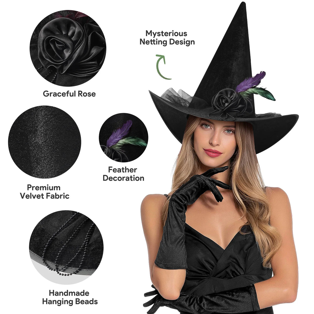 Womens Halloween Witch Hat with Lace Feather and LED Decor