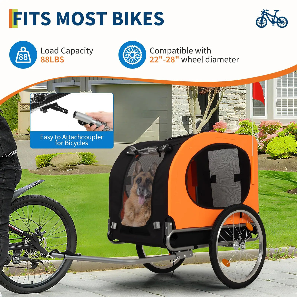 Foldable Dog Bike Trailer With Quick Release Wheels And Mesh Windows