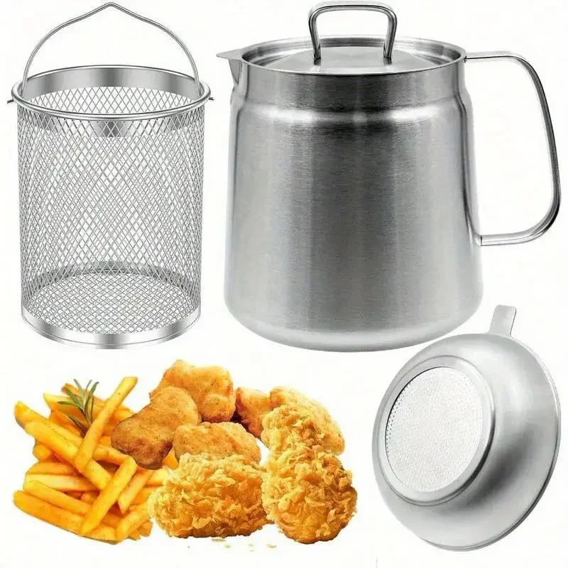 Stainless Steel Fryer Pot With Strainer Basket And Oil Filter