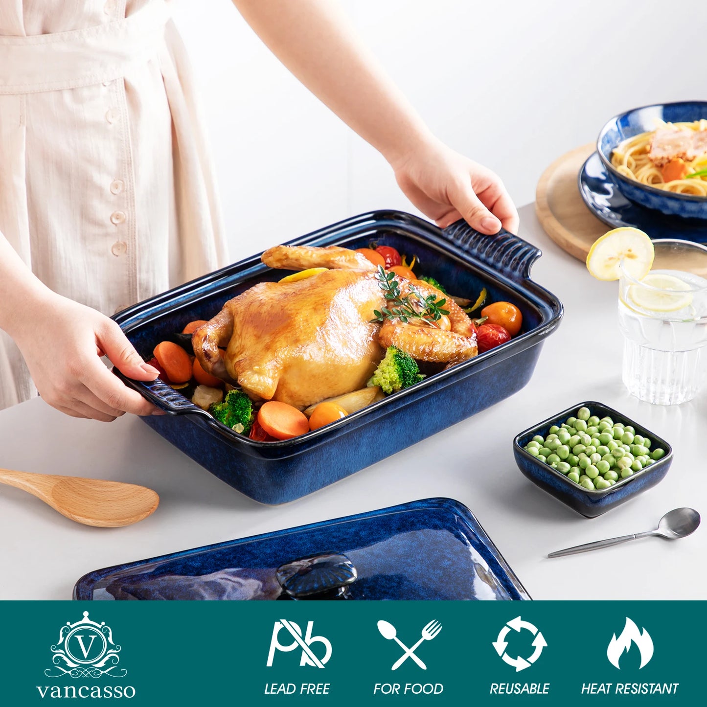Malacasa Vancasso Blue Stoneware Casserole Baking Dish With Lid