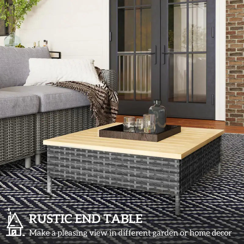 Outdoor PE Rattan Side Table With Natural Fir Wood Top Weather Resistant